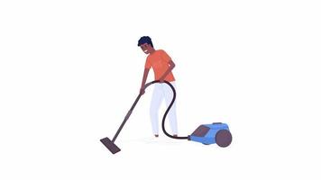 Animated boy vacuuming floor. Household chore for adolescent. Full body flat person on white background with alpha channel transparency. Color cartoon style 4K video footage of character for animation