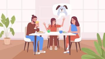 Animated family mealtime. Teenage girl asking parents for adopting dog. Looped flat color 2D cartoon characters animation with dining room interior on background. 4K video with alpha channel