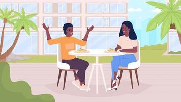 Animated going out together. Mother and son eating at cafe and enjoying conversation. Looped flat color 2D cartoon characters animation with cityscape on background. 4K video with alpha channel