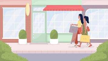 Animated enjoying shopping trip. Relationship building between mother and teen. Looped flat color 2D cartoon characters animation with stores exterior on background. 4K video with alpha channel