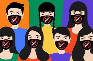No smoking concept, people wearing face mask with stop smoking sign symbol vector illustration