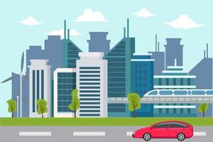 Cityscape Background Modern City Panorama With Highway Road And Subway Over Skyscrapers Flat design Vector Illustration