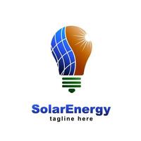 Solar energy logo with panel light bulb shape. renewable green energy vector illustration