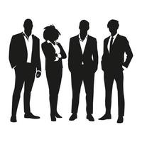 Set of vector silhouettes of men and women, group of business people standing, black color isolated on white background