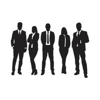 Set of vector silhouettes of men and women, group of business people standing, black color isolated on white background