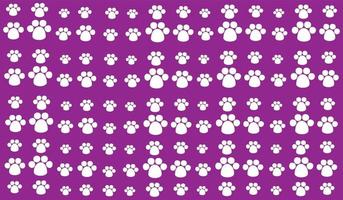 Seamless background pattern of evenly spaced white pet symbols of different sizes and opacity. Vector illustration on purple background