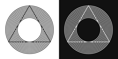 Abstract geometric figures with optical illusion and altered perspective view. Triangle is inscribed in circles. Vector illustration.