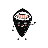 Kawaii sushi mascot in cartoon style. Cute temaki with salmon for menu vector