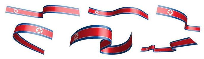 Set of holiday ribbons. Flag of DPRK, North Korea waving in wind. Separation into lower and upper layers. Design element. Vector on white background