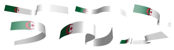 Set of holiday ribbons. Flag of algeria waving in wind. Separation into lower and upper layers. Design element. Vector on white background