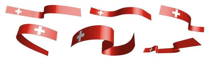 Set of holiday ribbons. Swiss flag waving in wind. Separation into lower and upper layers. Design element. Vector on white background