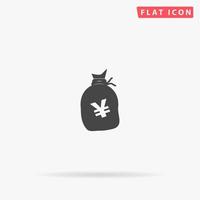 Money bag with Yen JPY. Simple flat black symbol with shadow on white background. Vector illustration pictogram