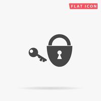 Padlock and key. Simple flat black symbol with shadow on white background. Vector illustration pictogram