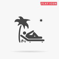 Man relaxing on a deck chair under palm tree and standing table with a cup of coffee. Simple flat black symbol with shadow on white background. Vector illustration pictogram