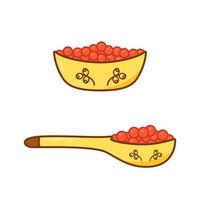 Delicacy salted red or black salmon caviar. Vector doodle illustration of sea fish caviar in a wooden spoon and plate.