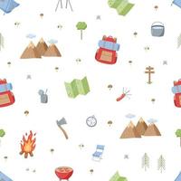 conjunto de iconos de camping de patrones sin fisuras. ilustración vectorial de elementos de senderismo. montañas, mochila, mapa forestal. vector