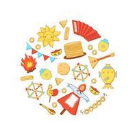 A set of elements of pancake day in the shape of a circle. Vector illustration of icons of the traditional Russian holiday Maslenitsa