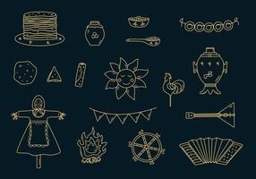 A set of doodle elements of pancake day. Vector illustration of icons of the traditional Russian holiday Maslenitsa. Sun, scarecrow, accordion balalaika, samovar