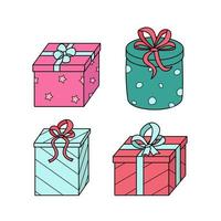 Gift boxes with bows. Vector illustration of colored icons of a festive present in a package. Isolated on white, a set of boxes in wrapping paper.