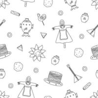Seamless pattern vector illustration of icons of the traditional Russian holiday Maslenitsa. Endless background of pancake day elements