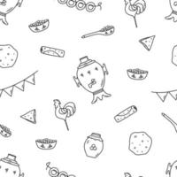 Seamless pattern vector illustration of icons of the traditional Russian holiday Maslenitsa. Endless background of pancake day elements