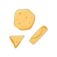 Vector doodle set illustration of thin pancakes. A whole pancake, a pancake rolled into a roll with stuffing and a folded triangle.