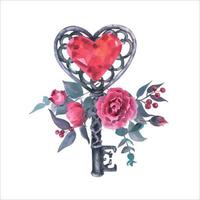 Set watercolor illustration with old vintage key heart shaped, heart diamond crystal and roses and other flowers, isolated on white background. vector