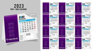 calendario de escritorio 2023 diseño creativo, diseño de fecha vertical mensual simple para el año 2023 en inglés. Plantillas de calendario de 12 meses, diseño moderno de calendario de mesa. calendario corporativo o de negocios. vector