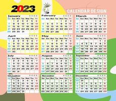 calendario de pared 2023 diseño creativo, diseño de fecha vertical mensual simple para el año 2023 en inglés. Plantillas de calendario de 12 meses, diseño moderno de calendario de año nuevo. calendario corporativo o de negocios. vector