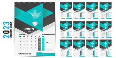 calendario de pared 2023 diseño creativo, diseño de fecha vertical mensual simple para el año 2023 en inglés. Plantillas de calendario de 12 meses, diseño moderno de calendario de año nuevo. calendario corporativo o de negocios. vector