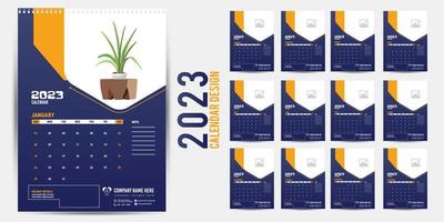 calendario de pared 2023 diseño creativo, diseño de fecha vertical mensual simple para el año 2023 en inglés. Plantillas de calendario de 12 meses, diseño moderno de calendario de año nuevo. calendario corporativo o de negocios. vector