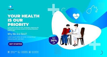 Healthcare and medical service Doctor banner, Medical health Social media cover design. Realistic hospital webinar template. vector