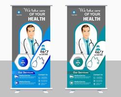 Medical roll up banner vector template design or poll up standee for healthcare hospital. Healthcare and medical roll up and standee design banner.