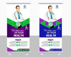 diseño de plantilla de vector de banner enrollable médico o standee de encuesta para hospital de atención médica. pancarta de diseño enrollable y de pie para atención médica y médica.