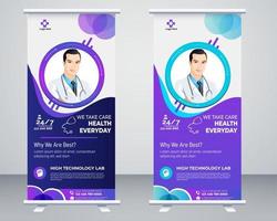 Medical roll up banner vector template design or poll up standee for healthcare hospital. Healthcare and medical roll up and standee design banner.