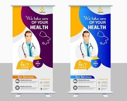 Medical roll up banner vector template design or poll up standee for healthcare hospital. Healthcare and medical roll up and standee design banner.