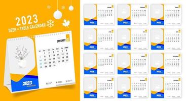 calendario de escritorio 2023 diseño creativo, diseño de fecha vertical mensual simple para el año 2023 en inglés. Plantillas de calendario de 12 meses, diseño moderno de calendario de mesa. calendario corporativo o de negocios. vector