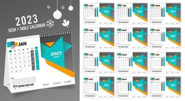 calendario de escritorio 2023 diseño creativo, diseño de fecha vertical mensual simple para el año 2023 en inglés. Plantillas de calendario de 12 meses, diseño moderno de calendario de mesa. calendario corporativo o de negocios. vector