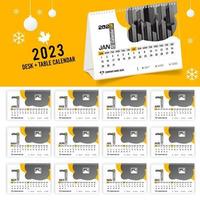 calendario de escritorio 2023 diseño creativo, diseño de fecha vertical mensual simple para el año 2023 en inglés. Plantillas de calendario de 12 meses, diseño moderno de calendario de mesa. calendario corporativo o de negocios. vector