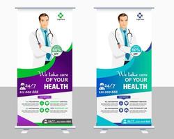 diseño de plantilla de vector de banner enrollable médico o standee de encuesta para hospital de atención médica. pancarta de diseño enrollable y de pie para atención médica y médica.