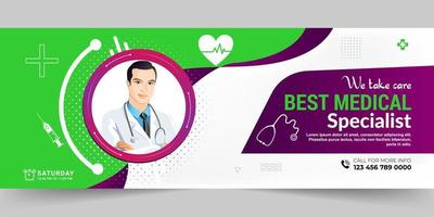 banner médico de servicios médicos y de atención médica, diseño de portada de redes sociales de salud médica. plantilla de seminario web de hospital realista. vector