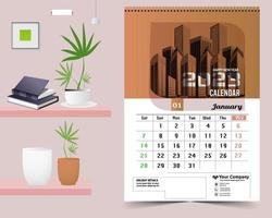 calendario de pared 2023 diseño creativo, diseño de fecha vertical mensual simple para el año 2023 en inglés. Plantillas de calendario de 12 meses, diseño moderno de calendario de año nuevo. calendario corporativo o de negocios. vector