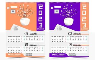 calendario de pared 2023 diseño creativo, diseño de fecha vertical mensual simple para el año 2023 en inglés. Plantillas de calendario de 12 meses, diseño moderno de calendario de año nuevo. calendario corporativo o de negocios. vector