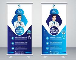 diseño de plantilla de vector de banner enrollable médico o standee de encuesta para hospital de atención médica. pancarta de diseño enrollable y de pie para atención médica y médica.