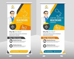 Medical roll up banner vector template design or poll up standee for healthcare hospital. Healthcare and medical roll up and standee design banner.