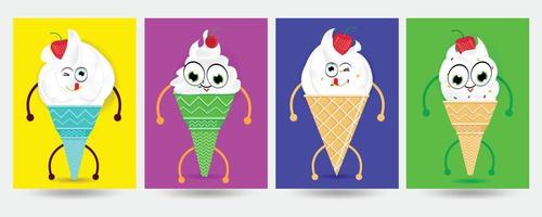 helados conjunto ilustración vectorial, helado de chocolate de cono de vector. ilustraciones de helados vectoriales multicolores conjunto de iconos de dibujos animados. helado de cono de waffle. helado de vainilla con glaseado de chocolate y caramelo. vector