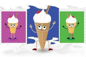 Ice creams set vector illustration, Vector cone chocolate Ice-Cream. multicolored vector ice cream illustrations Set of cartoon icons. waffle cone Ice cream. Caramel chocolate glaze Vanilla Ice-cream.