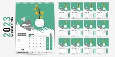 calendario de pared 2023 diseño creativo, diseño de fecha vertical mensual simple para el año 2023 en inglés. Plantillas de calendario de 12 meses, diseño moderno de calendario de año nuevo. calendario corporativo o de negocios. vector