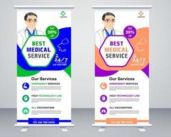 diseño de plantilla de vector de banner enrollable médico o standee de encuesta para hospital de atención médica. pancarta de diseño enrollable y de pie para atención médica y médica.