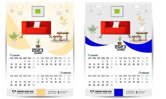 calendario de pared 2023 diseño creativo, diseño de fecha vertical mensual simple para el año 2023 en inglés. Plantillas de calendario de 12 meses, diseño moderno de calendario de año nuevo. calendario corporativo o de negocios. vector